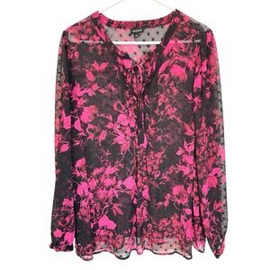 Torrid 2 Pink Black Floral Blouse Swiss Dot Sheer Tie Neck Romantic Whimsigoth